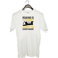 UDNAG Unisex Round Neck Graphic 'Reading | Reading is a discount ticket to everywhere' Polyester T-Shirt White