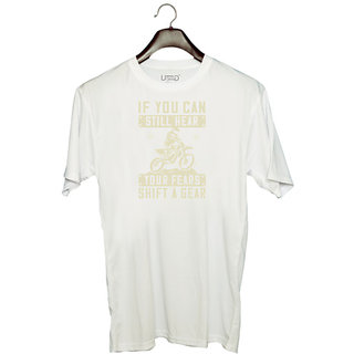                       UDNAG Unisex Round Neck Graphic 'Motor Cycle | If you can still hear your fears, shift a gear 2' Polyester T-Shirt White                                              