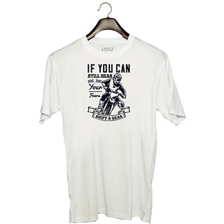                       UDNAG Unisex Round Neck Graphic 'Motor Cycle | If you can still hear your fears, shift a gear' Polyester T-Shirt White                                              