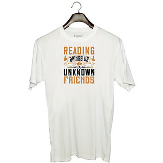                       UDNAG Unisex Round Neck Graphic 'Reading | Reading brings us unknown friends' Polyester T-Shirt White                                              
