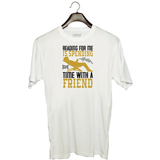                       UDNAG Unisex Round Neck Graphic 'Reading | Reading for me, is spending time with a friend' Polyester T-Shirt White                                              