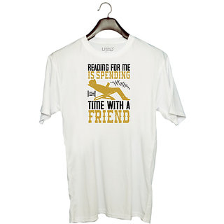                       UDNAG Unisex Round Neck Graphic 'Reading | Reading for me, is spending time with a friend' Polyester T-Shirt White                                              