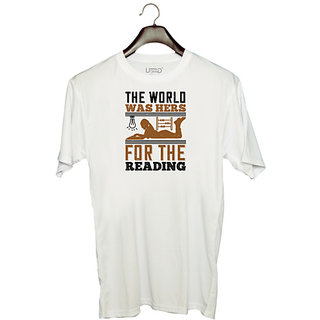                       UDNAG Unisex Round Neck Graphic 'Reading | The world was hers for the reading' Polyester T-Shirt White                                              