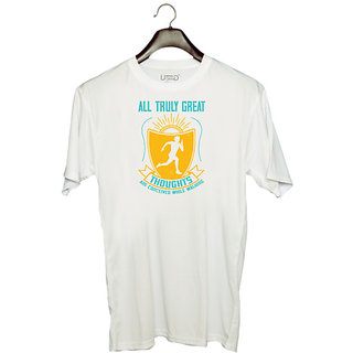                       UDNAG Unisex Round Neck Graphic 'Running | all truly great thoughts are' Polyester T-Shirt White                                              