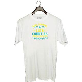                       UDNAG Unisex Round Neck Graphic 'Running | does running late count as excercise' Polyester T-Shirt White                                              