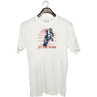                       UDNAG Unisex Round Neck Graphic 'Motor Cycle | Its time to ride' Polyester T-Shirt White                                              