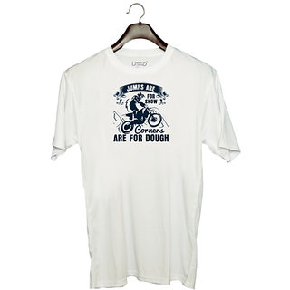                       UDNAG Unisex Round Neck Graphic 'Motor Cycle | Jumps are for show, corners are for dough 2' Polyester T-Shirt White                                              