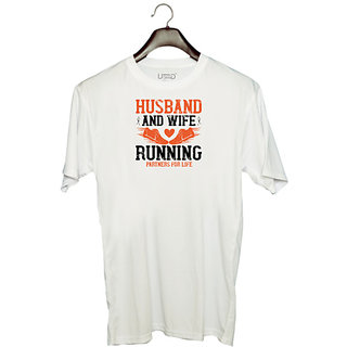                       UDNAG Unisex Round Neck Graphic 'Running | husband and wife running partners for life' Polyester T-Shirt White                                              