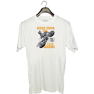                       UDNAG Unisex Round Neck Graphic 'Motor Cycle | Keep your bike high and your head higher' Polyester T-Shirt White                                              