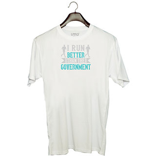                      UDNAG Unisex Round Neck Graphic 'Running | i run better than the government' Polyester T-Shirt White                                              