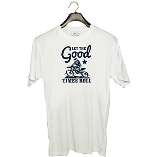                       UDNAG Unisex Round Neck Graphic 'Motor Cycle | Let the good times roll' Polyester T-Shirt White                                              