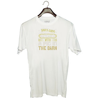                       UDNAG Unisex Round Neck Graphic 'Pig | Dads going steady with a pig in the barn' Polyester T-Shirt White                                              