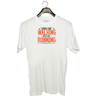                       UDNAG Unisex Round Neck Graphic 'Running | looks like walking feels like running' Polyester T-Shirt White                                              