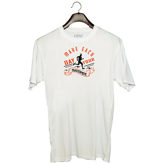                       UDNAG Unisex Round Neck Graphic 'Running | make each day your masterpiece' Polyester T-Shirt White                                              