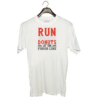                       UDNAG Unisex Round Neck Graphic 'Running | run like there are donuts at the finish line' Polyester T-Shirt White                                              
