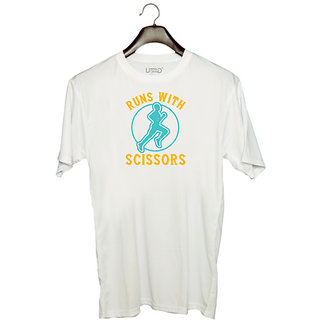                       UDNAG Unisex Round Neck Graphic 'Running | run with sclssors' Polyester T-Shirt White                                              