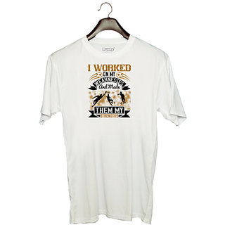                       UDNAG Unisex Round Neck Graphic 'Soccer | I worked on my weaknesses and made them my strengths' Polyester T-Shirt White                                              