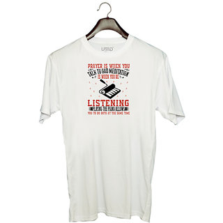                       UDNAG Unisex Round Neck Graphic 'Piano | Meditation is when you're listening' Polyester T-Shirt White                                              