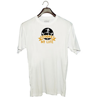                       UDNAG Unisex Round Neck Graphic 'Soccer | Soccer is my life' Polyester T-Shirt White                                              
