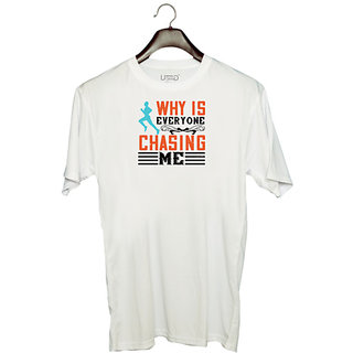                       UDNAG Unisex Round Neck Graphic 'Running | why is everyone chasing me' Polyester T-Shirt White                                              
