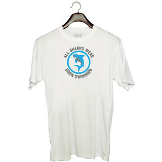                       UDNAG Unisex Round Neck Graphic 'Shark | All sharks were born swimming 02' Polyester T-Shirt White                                              