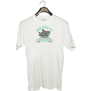                       UDNAG Unisex Round Neck Graphic 'Shark | Bad luck to your mother' Polyester T-Shirt White                                              