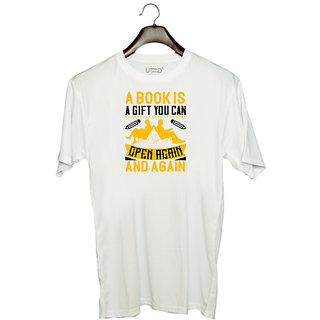                       UDNAG Unisex Round Neck Graphic 'Reading | A book is a gift you can open again and again' Polyester T-Shirt White                                              