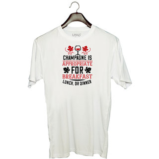                       UDNAG Unisex Round Neck Graphic 'Wine | Champagne is appropriate for breakfast' Polyester T-Shirt White                                              