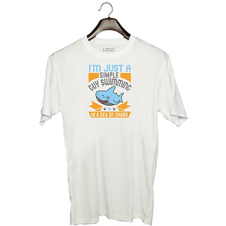                       UDNAG Unisex Round Neck Graphic 'Shark | I'm just a simple guy swimming in a sea of shark' Polyester T-Shirt White                                              