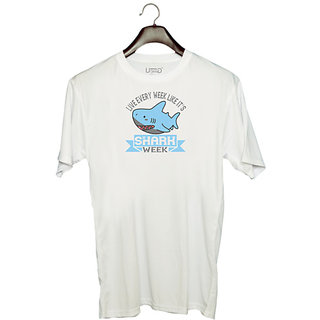                       UDNAG Unisex Round Neck Graphic 'Shark | Live every week like its shark week' Polyester T-Shirt White                                              