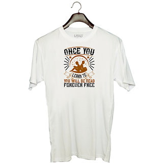                       UDNAG Unisex Round Neck Graphic 'Reading | Once you learn to read, you will be free forever' Polyester T-Shirt White                                              