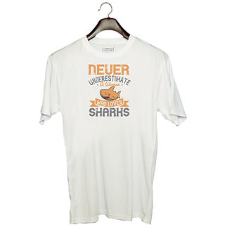                       UDNAG Unisex Round Neck Graphic 'Shark | Never underestimate a woman who loves sharks' Polyester T-Shirt White                                              