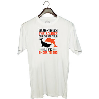                       UDNAG Unisex Round Neck Graphic 'Surfing | Surfing's the source. Can change your life' Polyester T-Shirt White                                              