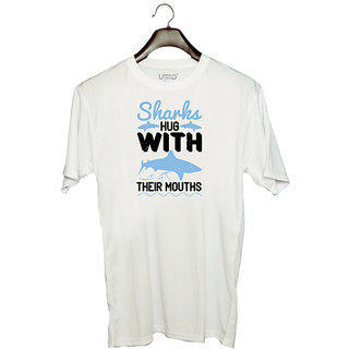                       UDNAG Unisex Round Neck Graphic 'Shark | Sharks hug with their mouths' Polyester T-Shirt White                                              