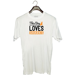                       UDNAG Unisex Round Neck Graphic 'Shark | this boy loves sharks' Polyester T-Shirt White                                              