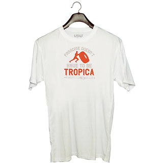                       UDNAG Unisex Round Neck Graphic 'Skiing | Paradise doesnt have to be tropica' Polyester T-Shirt White                                              