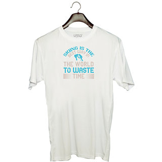                       UDNAG Unisex Round Neck Graphic 'Skiing | Skiing is the best way in the world to waste timeee' Polyester T-Shirt White                                              