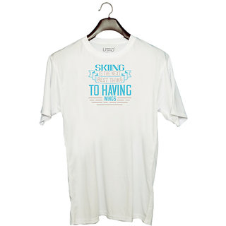                       UDNAG Unisex Round Neck Graphic 'Skiing | Skiing is the next best thing to having wings' Polyester T-Shirt White                                              