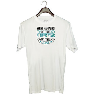                       UDNAG Unisex Round Neck Graphic 'Skiing | What happens on the slopes stays on the slopes' Polyester T-Shirt White                                              