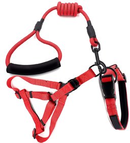 Dog Wala Nylon Rope Leash with Collar and Harness Set for Medium Size Dogs (0.5 Inch, Red)