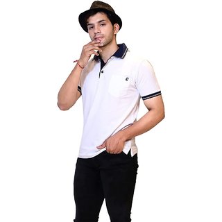                       Aly&Val Men's Cotton White Pocket with Blue Collar Half Sleeves Regular Fit Black Polo Neck T Shirts for Mens, Medium                                              