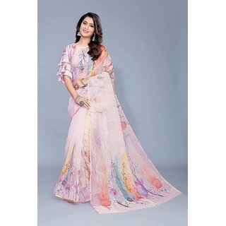 Women s Semi Transparent Trending Organza Printed Saree with Blouse Piece