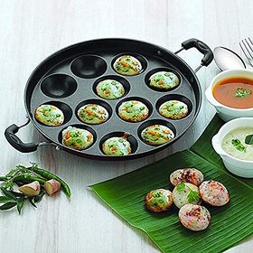 Non-Stick 12 Cavities Regular Appam Patra Petel Grill with Stainless-Steel Lid,with 2 Side Handle