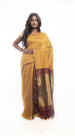 Pattu Pallu Mixed Cotton Wool Zari Yellow Striped Tant Sharee with Running Blouse Piece