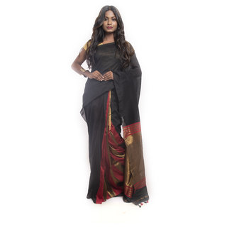                       Pattu Pallu Mixed Cotton Wool Zari Black Striped Tant Sharee with Running Blouse Piece                                              