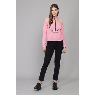                       RF-pink nicce print full sleeve hooded top                                              