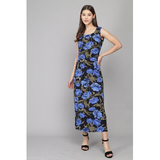                       raabta black with blue flower print sleeveless dress                                              