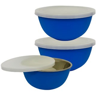 GRETEL GOLD Stainless Steel Blue Microwave Bowl with Lid (set of 3)