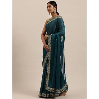                       Women's Designer Blue Silk Blend Banarasi Woven Design Saree                                              