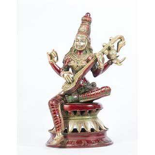                       Arihant Craft  Hindu Godess Saraswati Idol Sarasvati Statue Sculpture Hand Work Showpiece  30.5 cm (Brass, Red, Green)                                              